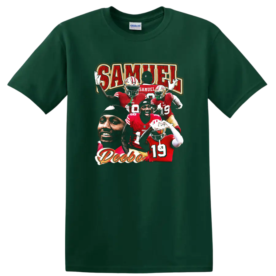 Deebo Samuel San Francisco 49ers football player collage with SAMUEL lettering on a Forest Green T Shirt