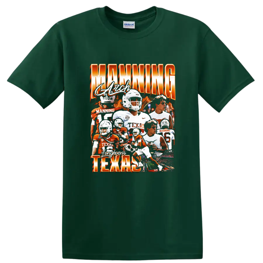 Arch Manning Texas Longhorns football collage with orange lettering and action scenes on a Forest Green T Shirt