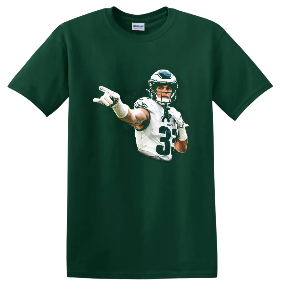 Troy Polamalu football player action illustration with a distressed dark green backdrop on a Forest Green T Shirt