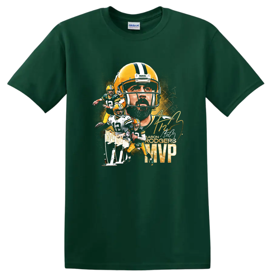 Aaron Rodgers Packers quarterback collage with helmet portrait, action poses, MVP text on a Forest Green T Shirt