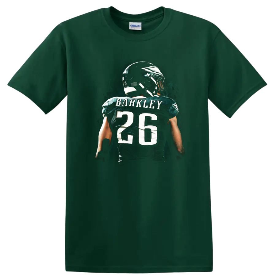 Saquon Barkley number 26 football jersey art with helmet and teal splatter backdrop on a Forest Green T Shirt