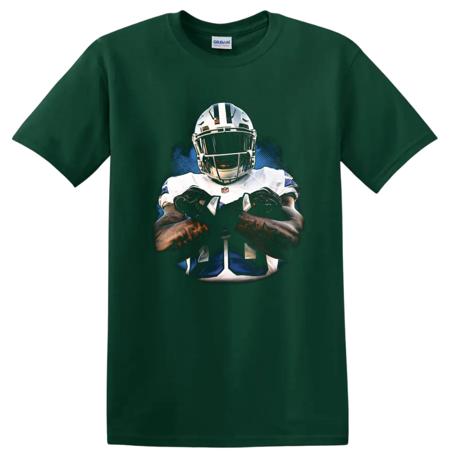 Trevon Diggs Dallas Cowboys helmeted football portrait with blue halftone effects on a Forest Green T Shirt
