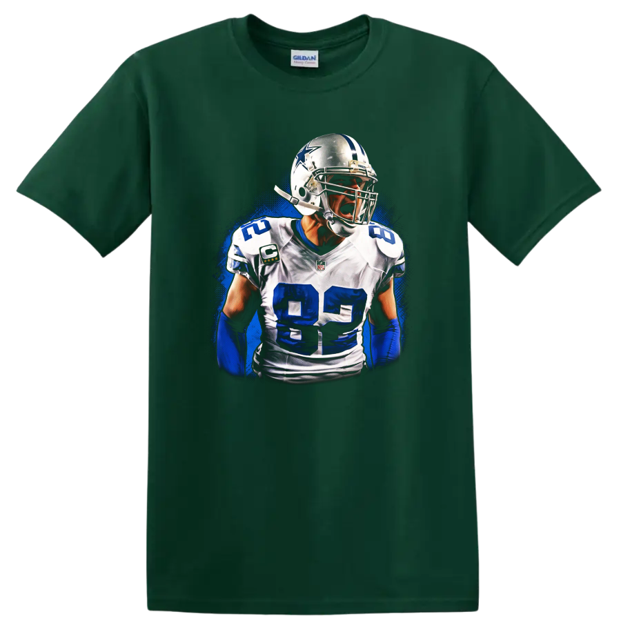 Dez Bryant Dallas Cowboys No. 88 football player portrait with electric blue action on a Forest Green T Shirt