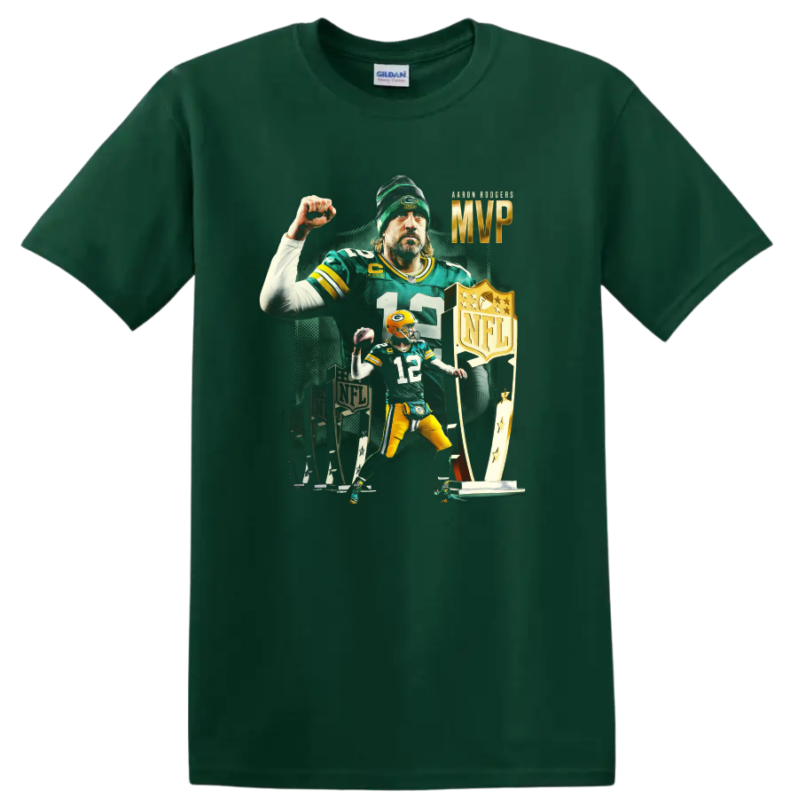 Aaron Rodgers Packers MVP football tribute with number 12, trophies, and bold artwork on a Forest Green T Shirt