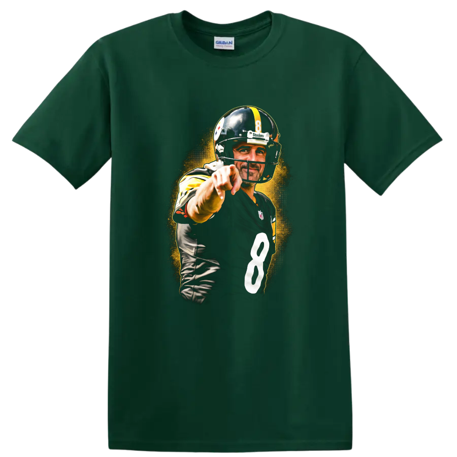 Ben Roethlisberger Steelers No. 8 pointing football graphic with golden halftone burst on a Forest Green T Shirt