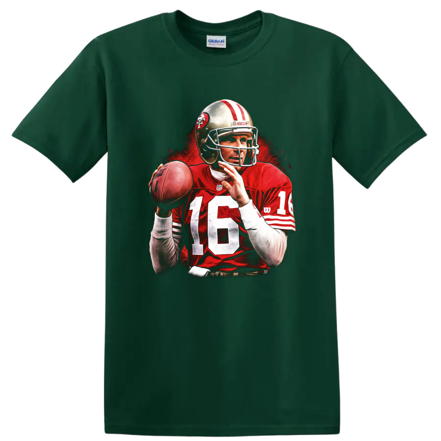 Joe Montana 49ers quarterback action portrait with football and red illustrated backdrop on a Forest Green T Shirt