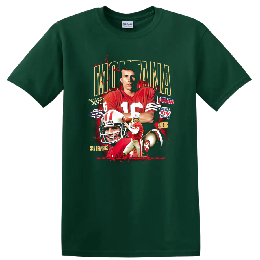 Joe Montana 49ers retro football collage with Super Bowl numerals and helmet on a Forest Green T Shirt