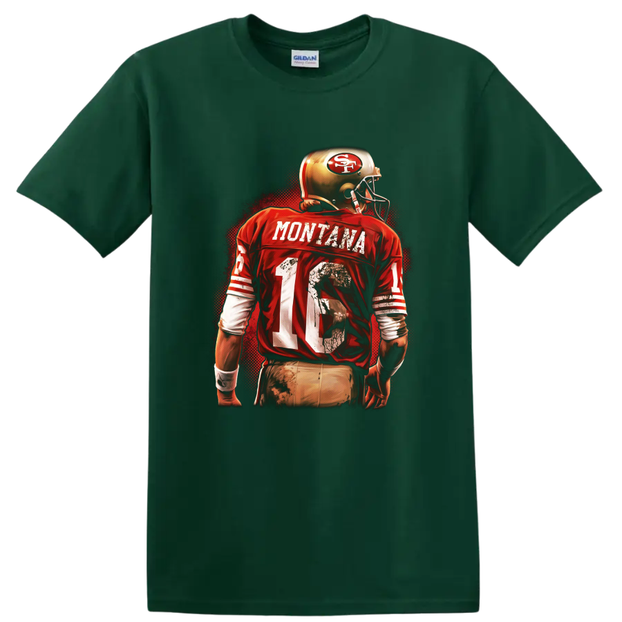 Joe Montana 49ers number 16 football player in distressed retro red artwork on a Forest Green T Shirt