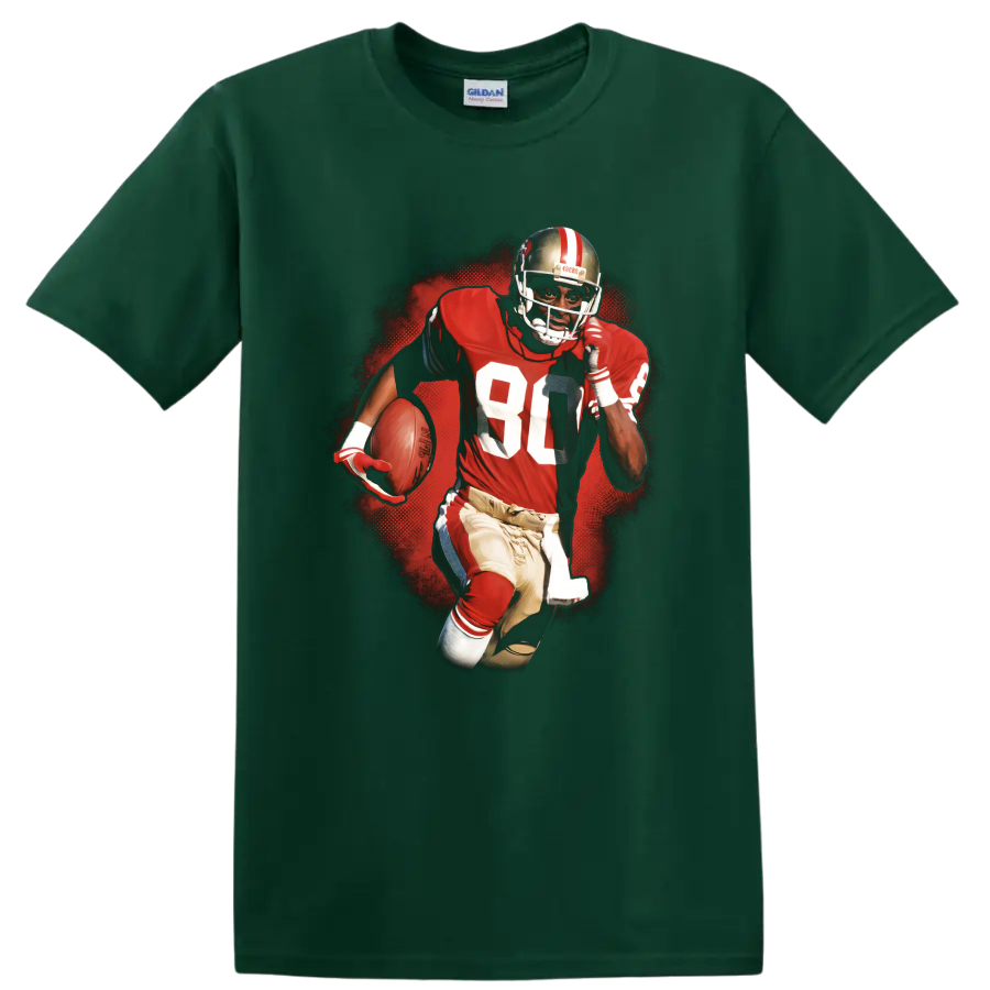 Jerry Rice 49ers number 80 action football graphic with red halftone backdrop on a Forest Green T Shirt