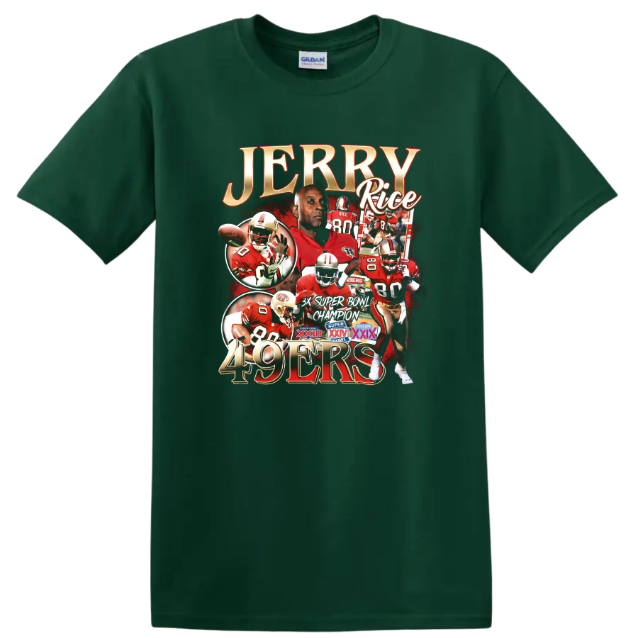 Jerry Rice 49ers football collage with number 80 action scenes and championship emblems on a Forest Green T Shirt