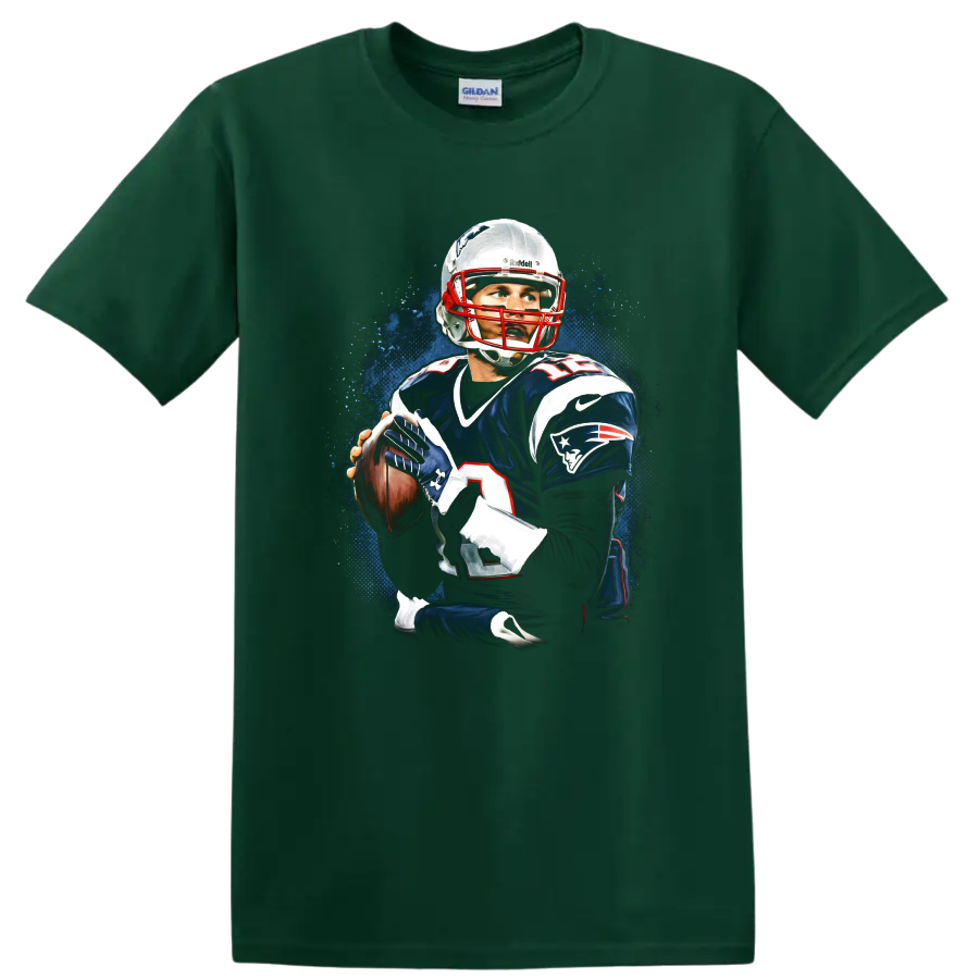 Tom Brady New England Patriots quarterback portrait with blue paint-splash backdrop on a Forest Green T Shirt