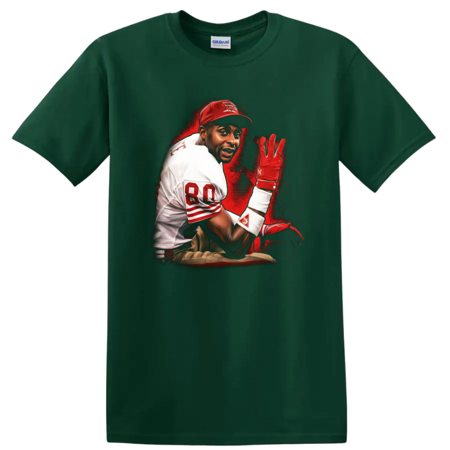 Jerry Rice 49ers-inspired football action portrait with red sports-poster splatter art on a Forest Green T Shirt