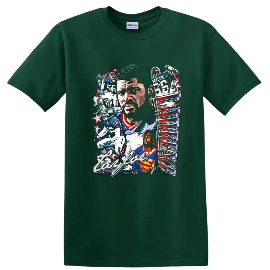 Lawrence Taylor New York Giants football portrait collage with number 56 action scenes on a Forest Green T Shirt