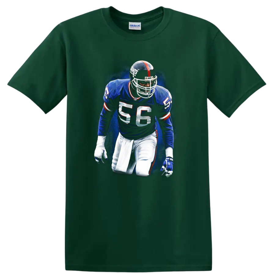 Lawrence Taylor number 56 New York Giants linebacker graphic with blue textured backdrop on a Forest Green T Shirt