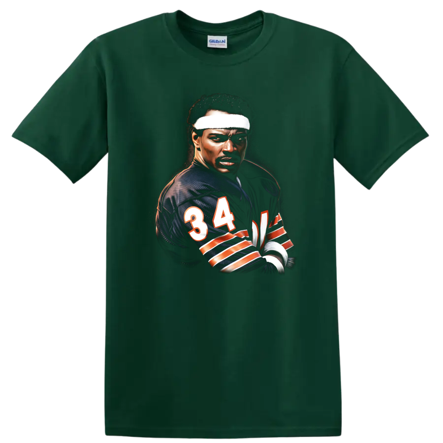 Walter Payton Chicago Bears number 34 football portrait in dramatic painterly style on a Forest Green T Shirt