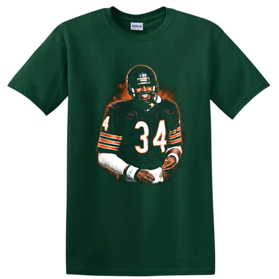 Walter Payton No. 34 football portrait with orange halftone background on a Forest Green T Shirt