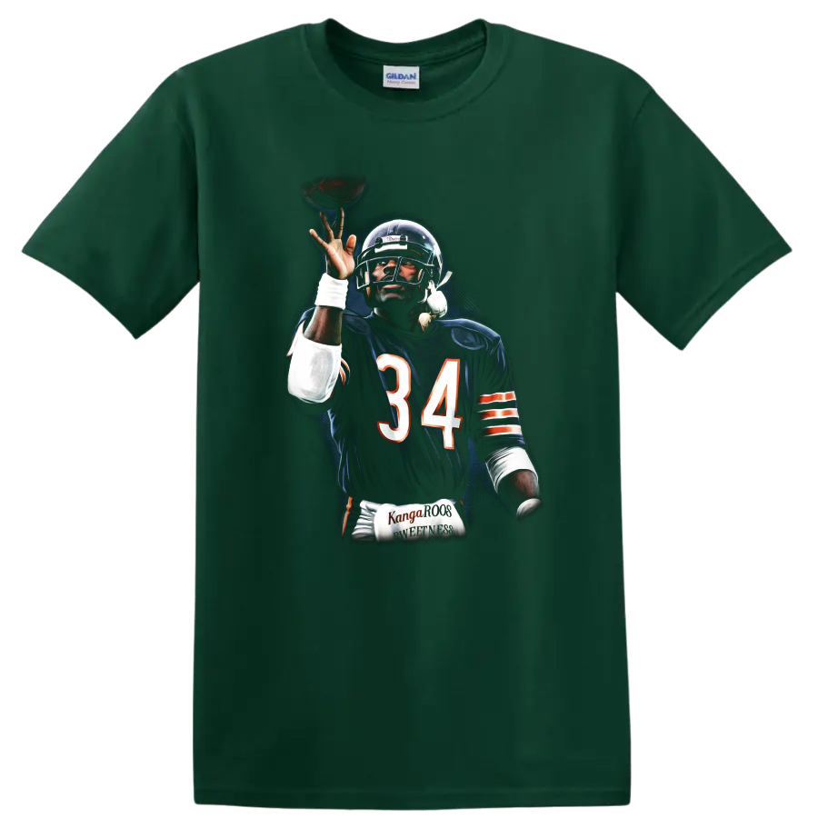 Walter Payton Chicago Bears number 34 football action portrait in dramatic retro style on a Forest Green T Shirt