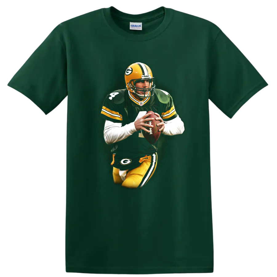 Aaron Rodgers Green Bay Packers quarterback action portrait with football on a Forest Green T Shirt