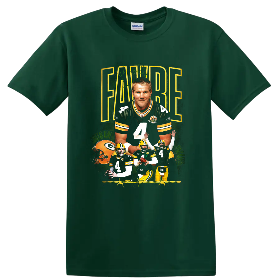 Brett Favre Packers number 4 football action collage in vintage sports-poster style on a Forest Green T Shirt
