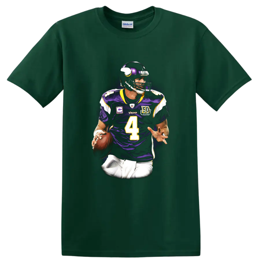 Brett Favre Minnesota Vikings quarterback portrait with purple number 4 uniform on a Forest Green T Shirt