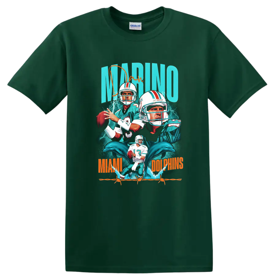 Dan Marino Miami Dolphins retro quarterback collage with dolphins and lightning on a Forest Green T Shirt