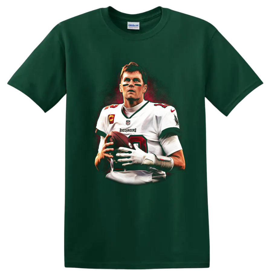 Tom Brady Buccaneers quarterback portrait with football and dramatic red backdrop on a Forest Green T Shirt