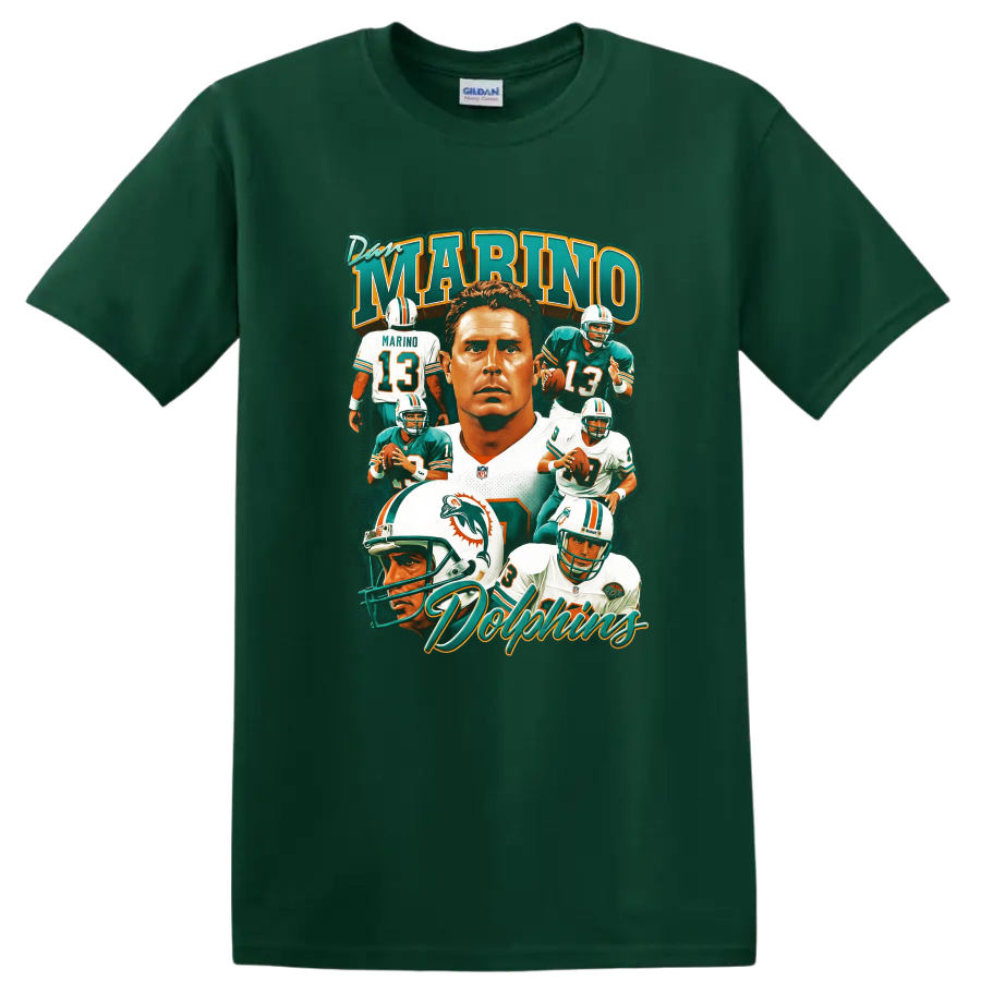 Dan Marino Miami Dolphins quarterback portrait collage with number 13 action scenes on a Forest Green T Shirt