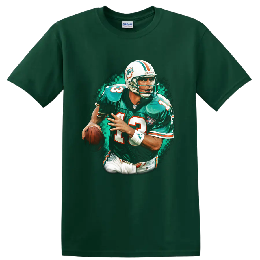 Dan Marino Miami Dolphins quarterback retro action portrait with teal halftone backdrop on a Forest Green T Shirt