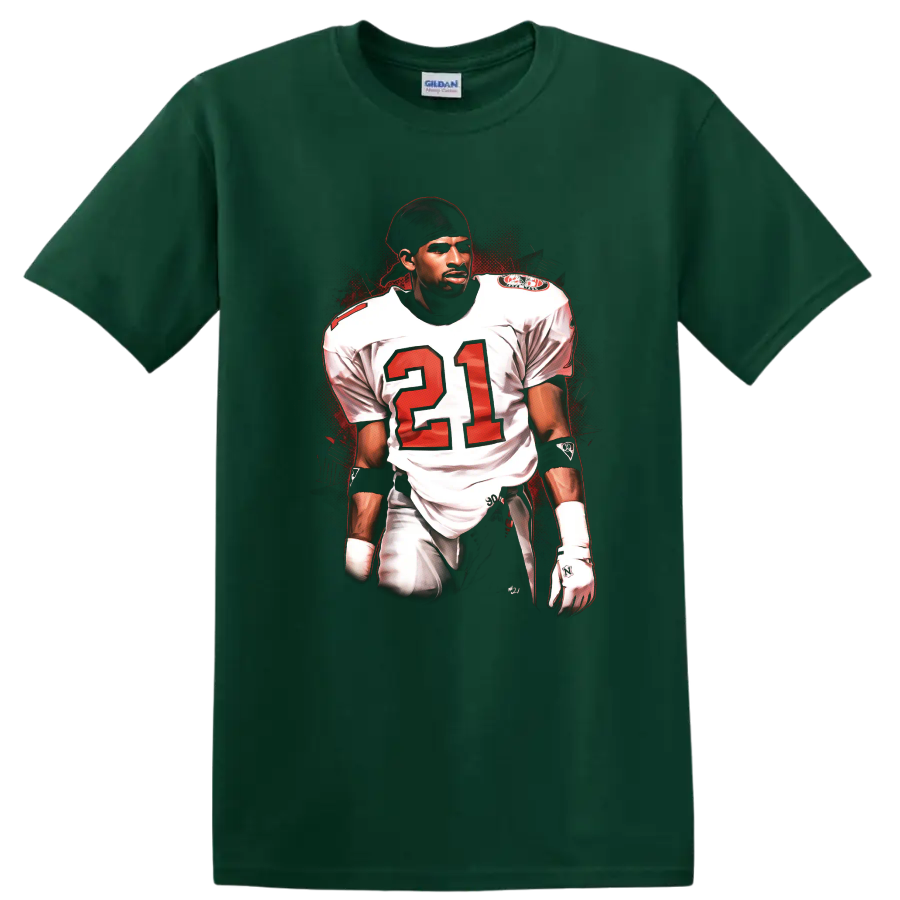 Deion Sanders number 21 football player illustration with red splatter background on a Forest Green T Shirt