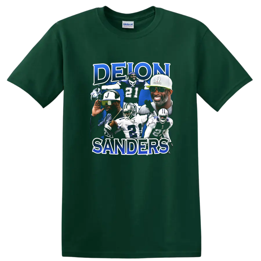 Deion Sanders football collage with blue paint splatter and DEION SANDERS lettering on a Forest Green T Shirt