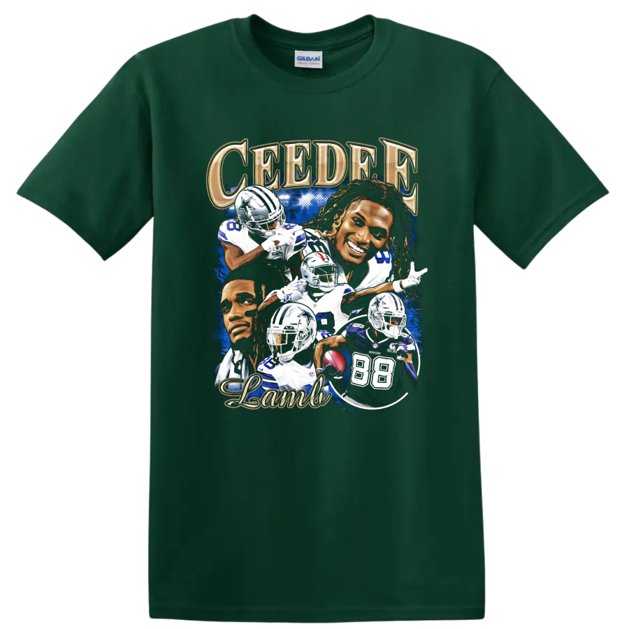 CeeDee Lamb Dallas Cowboys football action and portrait collage with gold lettering on a Forest Green T Shirt