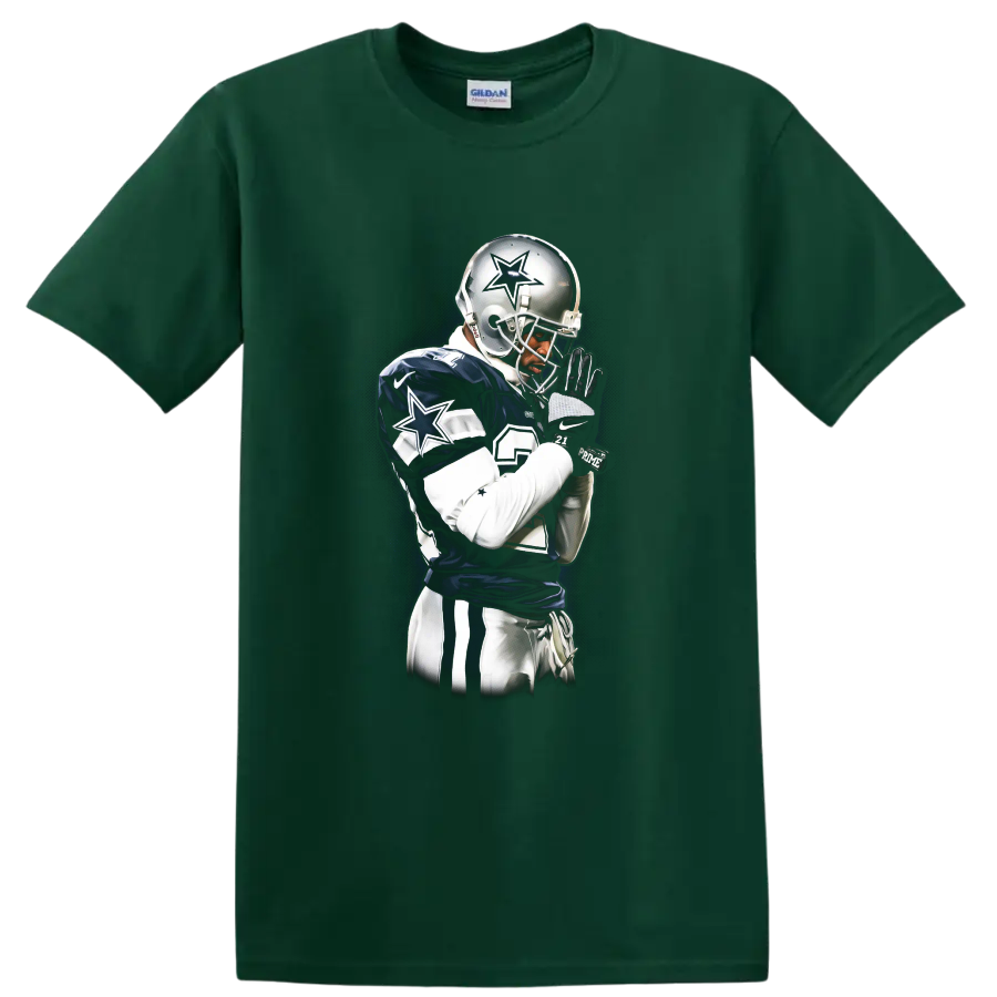 Deion Sanders Dallas Cowboys football portrait with silver helmet and star details on a Forest Green T Shirt