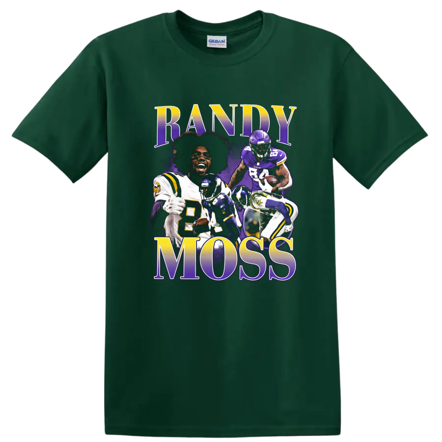 Randy Moss Minnesota Vikings football action collage with RANDY MOSS lettering on a Forest Green T Shirt