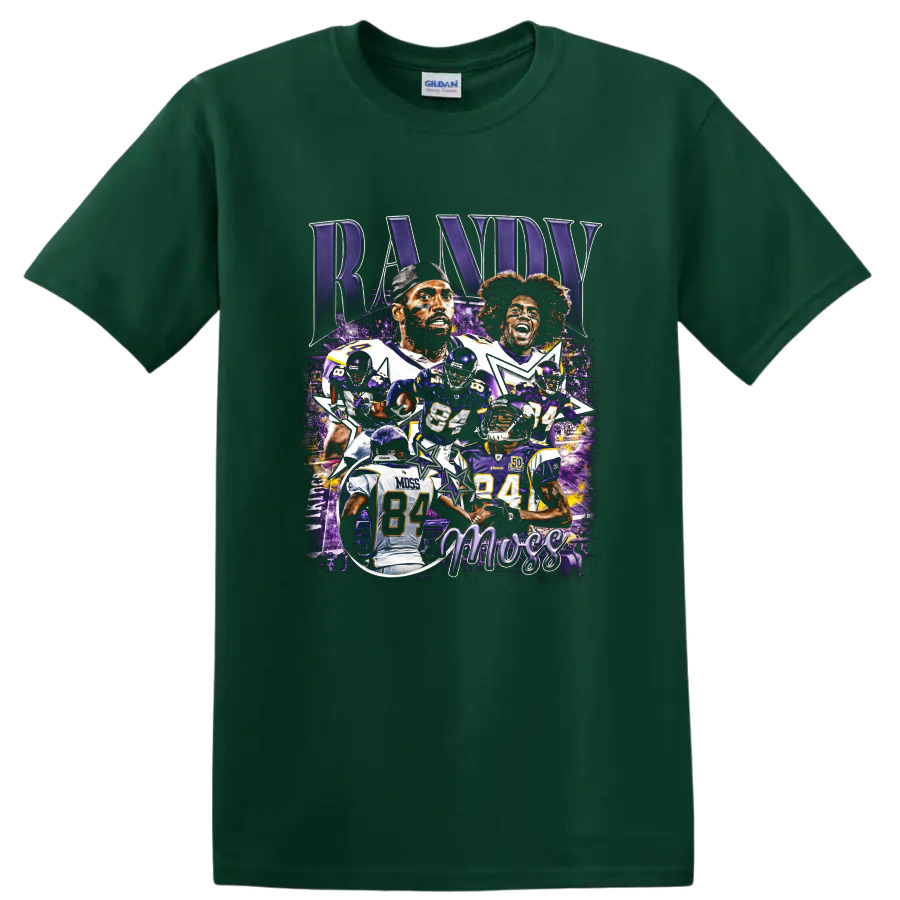 Randy Moss Minnesota Vikings purple football collage with action poses and number 84 on a Forest Green T Shirt