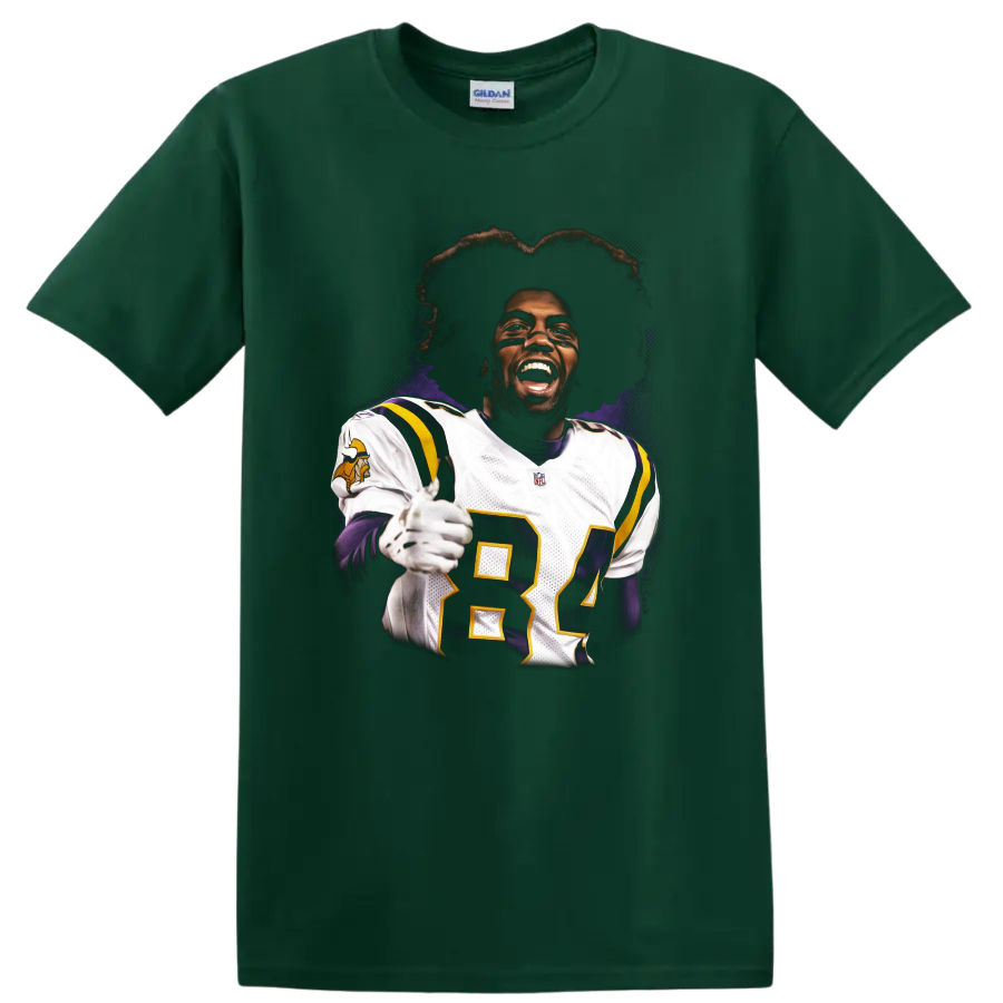 Randy Moss Minnesota Vikings number 84 football portrait with purple splatter art on a Forest Green T Shirt