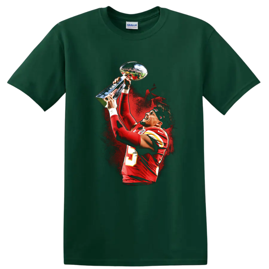 Patrick Mahomes raising a trophy in red football uniform with dramatic red splatter art on a Forest Green T Shirt