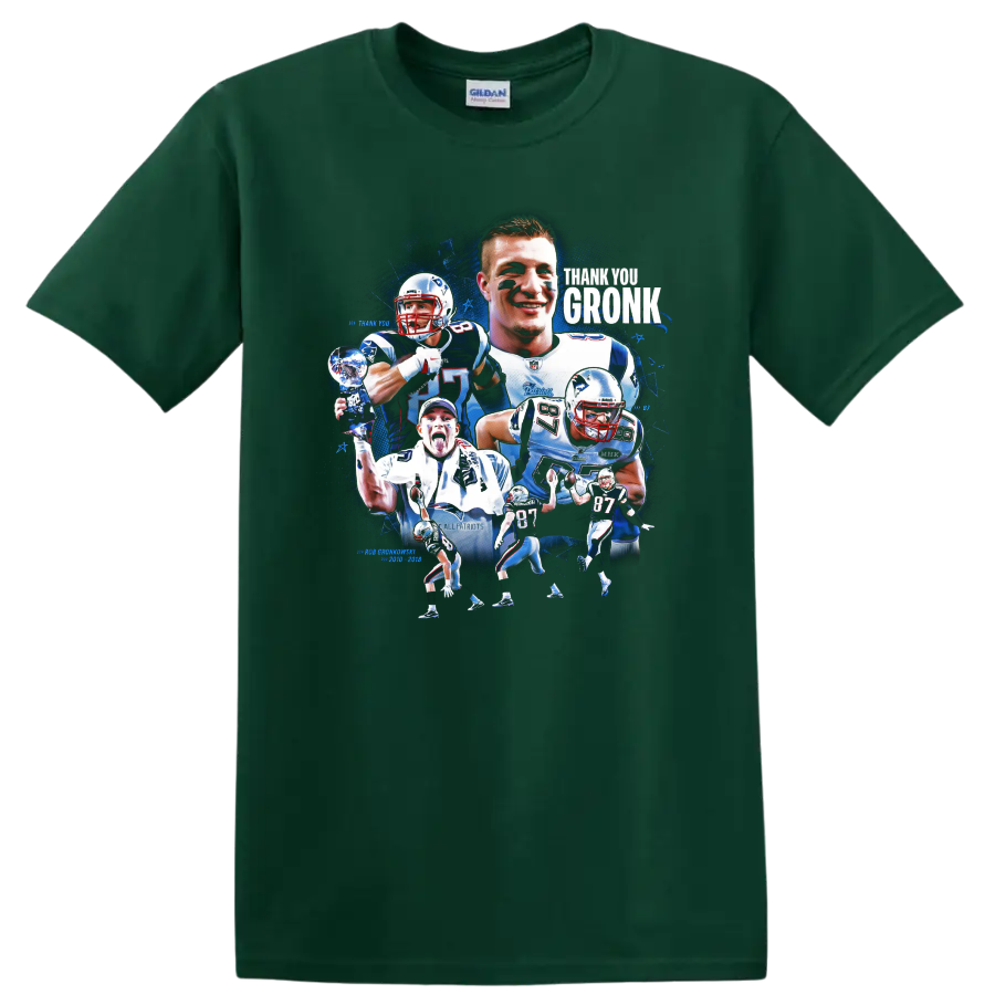 Rob Gronkowski Patriots football action collage with Thank You Gronk lettering on a Forest Green T Shirt