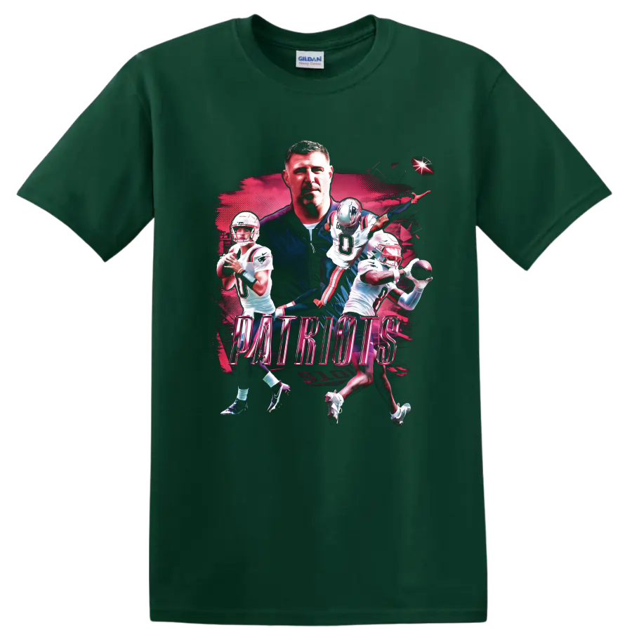 Drake Maye and Stefon Diggs Patriots football action collage with bold PATRIOTS text on a Forest Green T Shirt