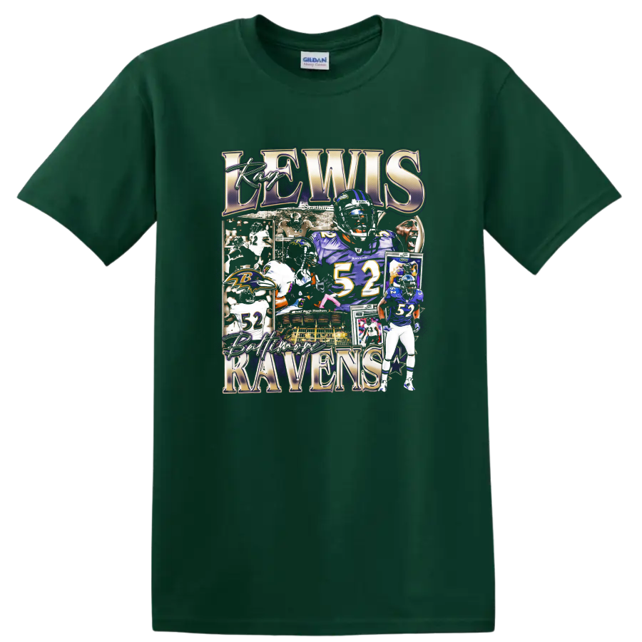 Ray Lewis Baltimore Ravens number 52 football collage with stadium and helmet portraits on a Forest Green T Shirt