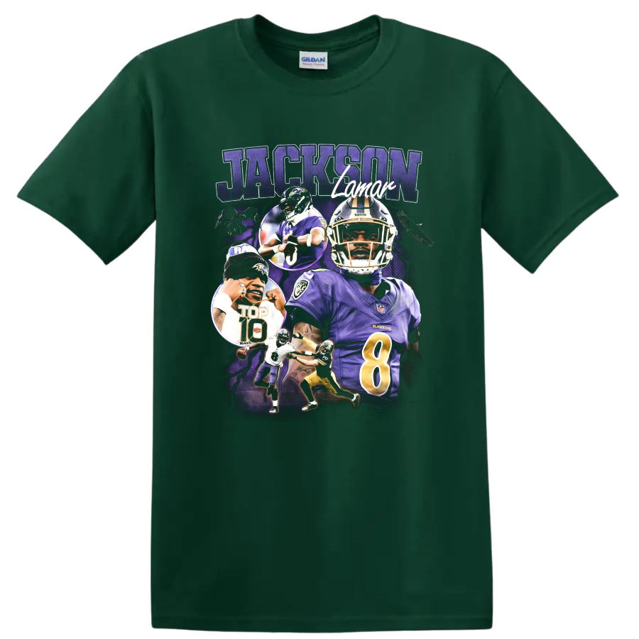 Lamar Jackson Baltimore Ravens number 8 football portrait collage with JACKSON text on a Forest Green T Shirt