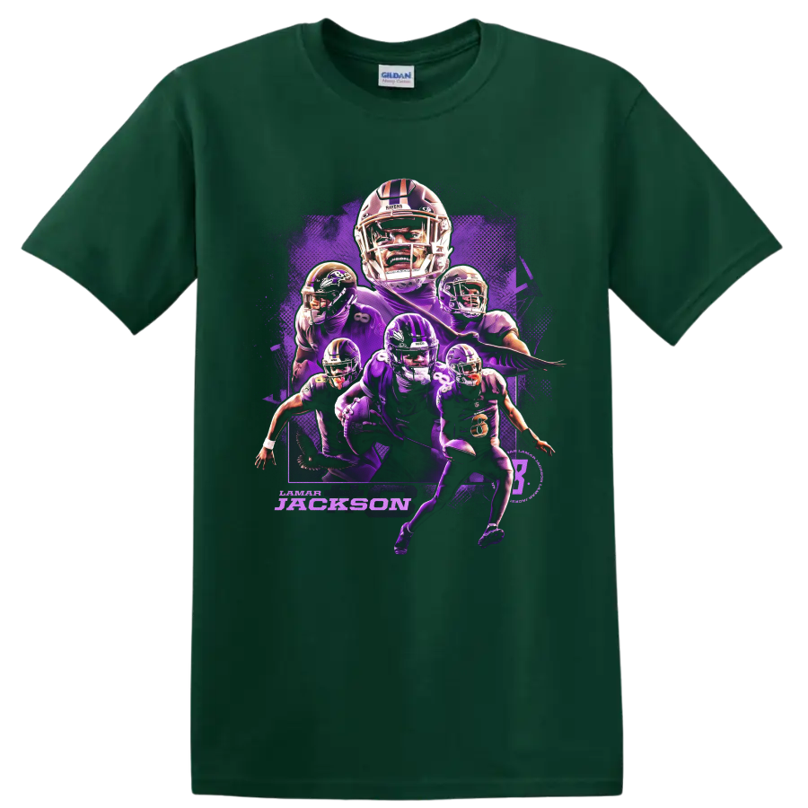 Lamar Jackson Baltimore Ravens purple football action collage with layered player poses on a Forest Green T Shirt