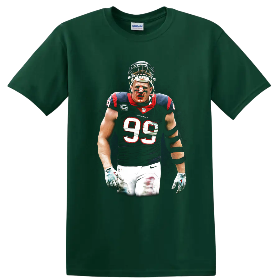 J.J. Watt Houston Texans defensive player portrait in gritty football graphic style on a Forest Green T Shirt