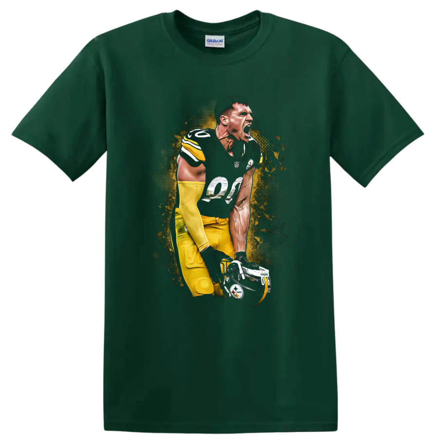 Ben Roethlisberger Steelers quarterback in a roaring pose with gold halftone burst art on a Forest Green T Shirt