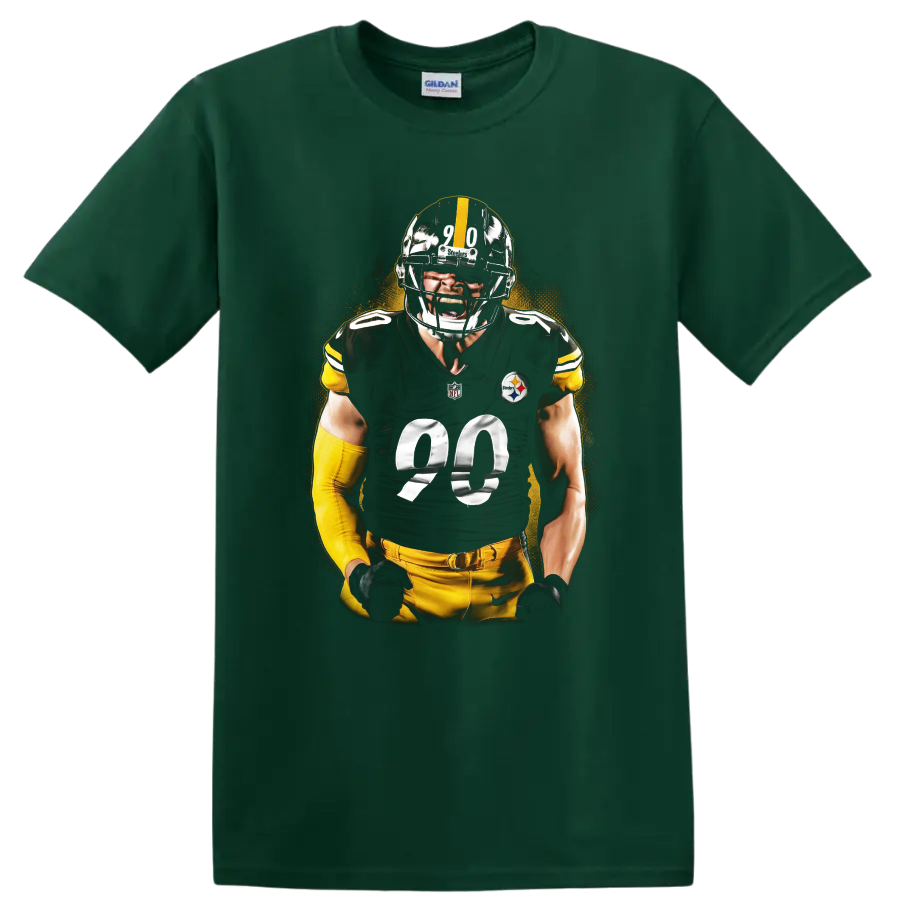 T.J. Watt Steelers defensive football player portrait with gold halftone backdrop on a Forest Green T Shirt