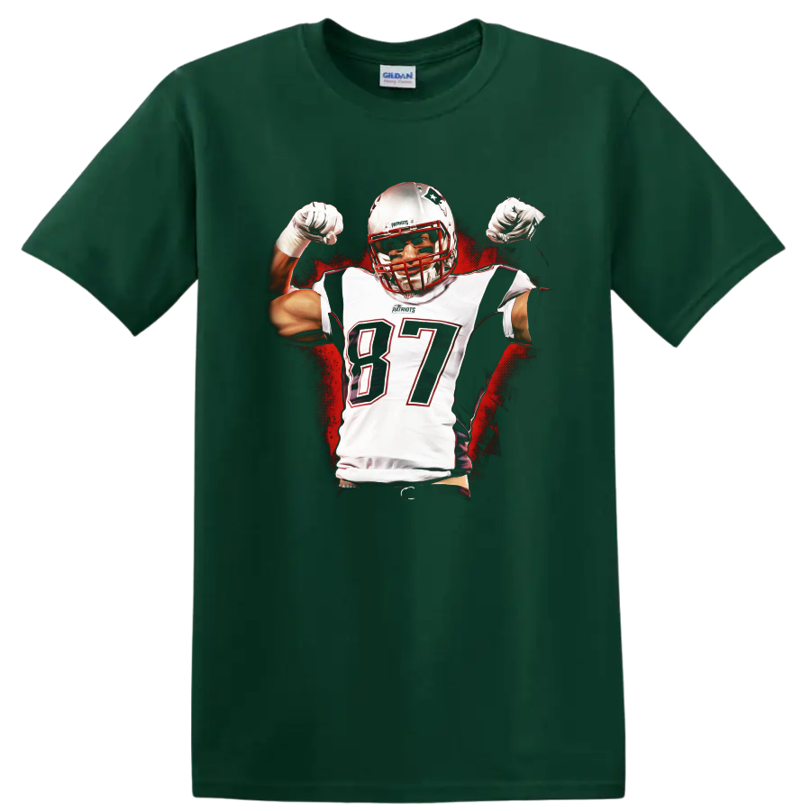 Travis Kelce number 87 football player flexing in bold red and black graphic art on a Forest Green T Shirt