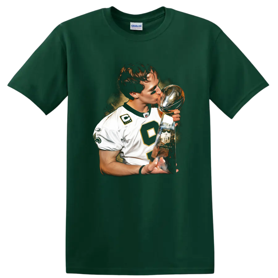 Drew Brees kissing the Vince Lombardi Trophy in dramatic football portrait art on a Forest Green T Shirt