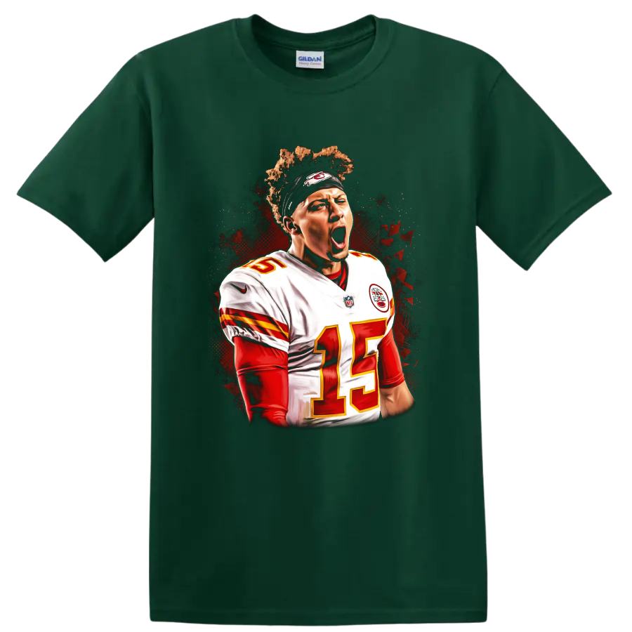 Patrick Mahomes Chiefs number 15 quarterback portrait with red and black action art on a Forest Green T Shirt