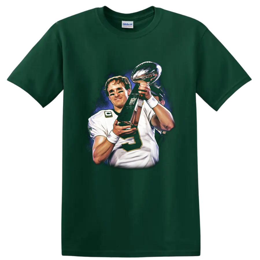 Drew Brees holding Lombardi Trophy in illustrated New Orleans Saints football art on a Forest Green T Shirt