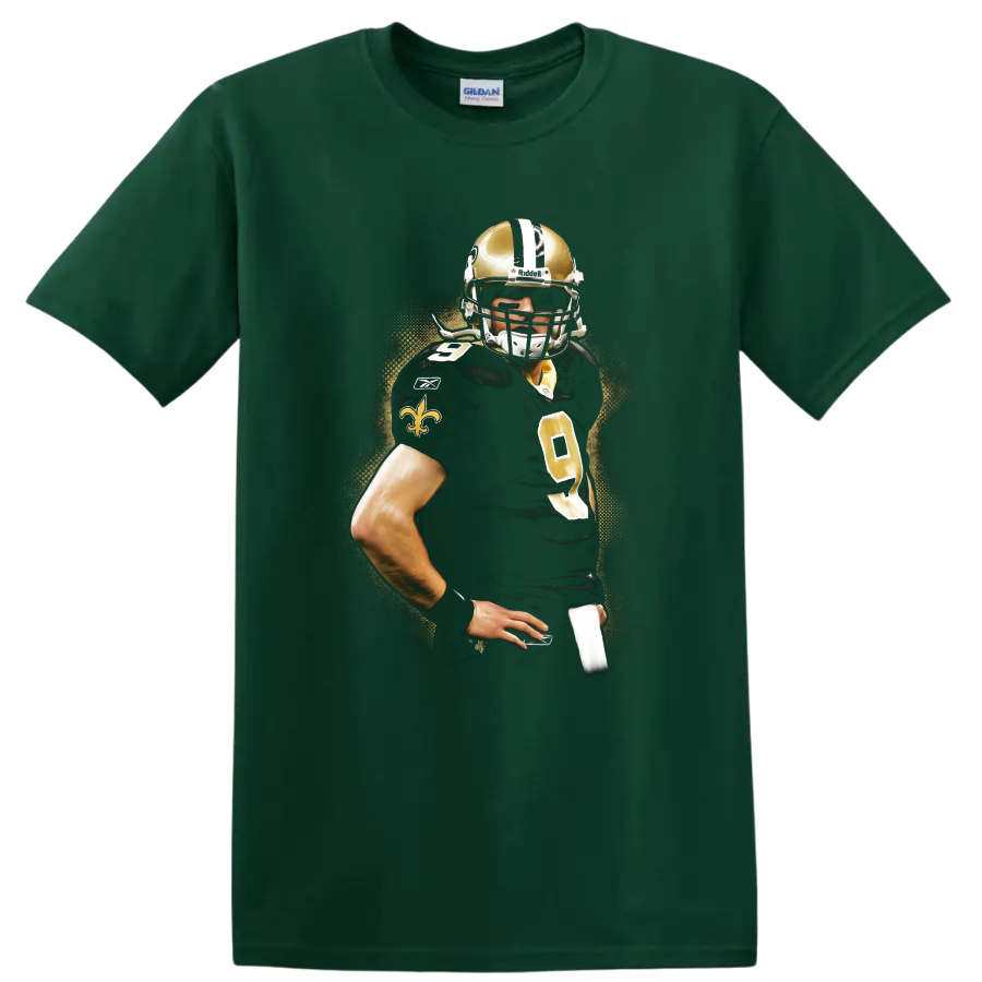 Drew Brees New Orleans Saints quarterback portrait with gold splatter background on a Forest Green T Shirt