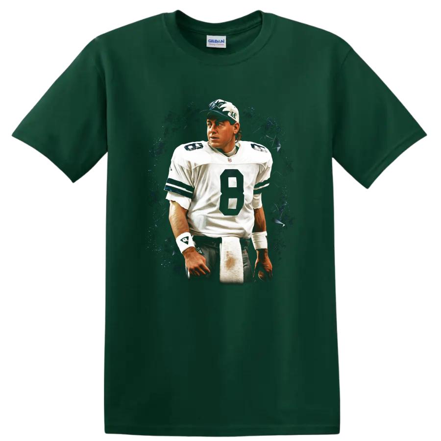 Troy Aikman Dallas Cowboys quarterback portrait with dark vintage splatter backdrop on a Forest Green T Shirt
